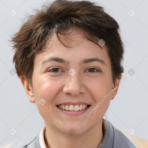 Joyful white adult female with short  brown hair and brown eyes