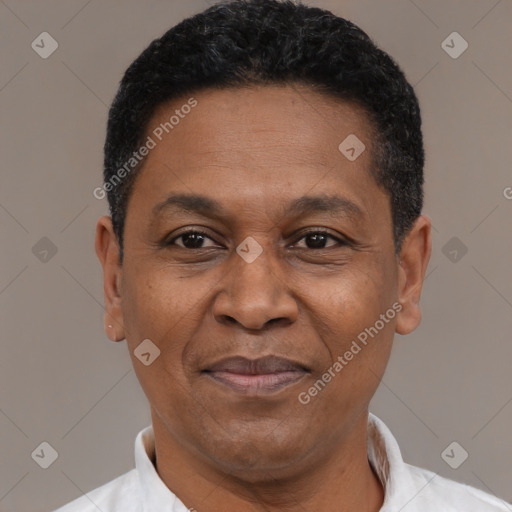 Joyful latino adult male with short  black hair and brown eyes