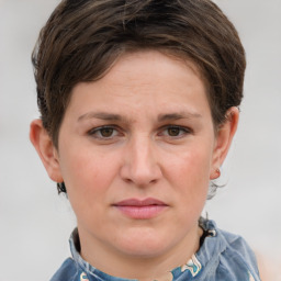 Joyful white adult female with short  brown hair and grey eyes