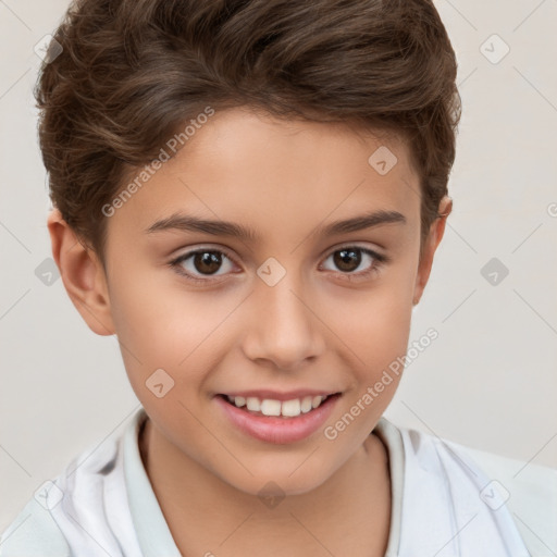 Joyful white child female with short  brown hair and brown eyes