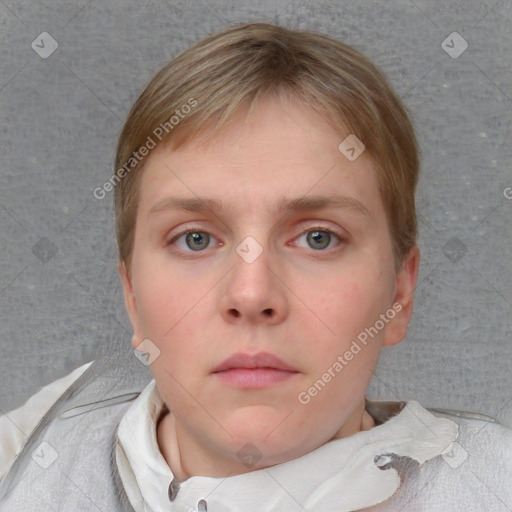 Neutral white child female with short  brown hair and blue eyes