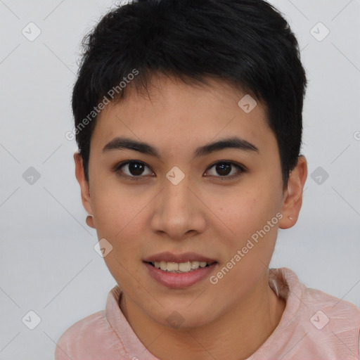 Joyful asian young-adult female with short  brown hair and brown eyes