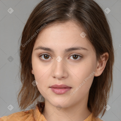 Neutral white young-adult female with medium  brown hair and brown eyes