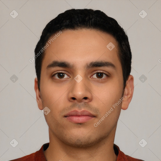 Neutral latino young-adult male with short  black hair and brown eyes