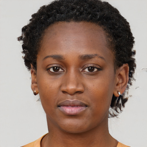 Neutral black young-adult female with short  brown hair and brown eyes