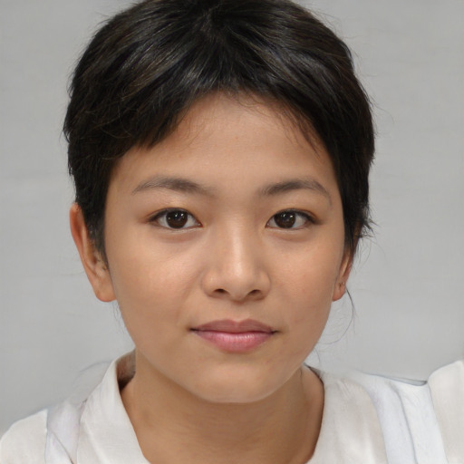 Joyful white child female with medium  brown hair and brown eyes
