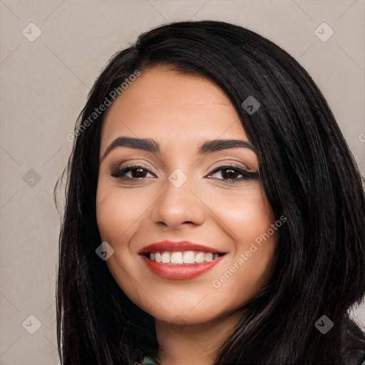 Joyful white young-adult female with long  black hair and brown eyes