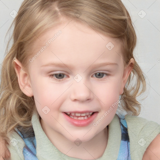 Joyful white child female with medium  brown hair and blue eyes