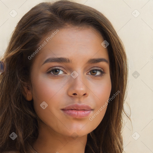 Neutral white young-adult female with long  brown hair and brown eyes