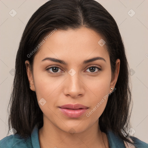 Neutral white young-adult female with long  brown hair and brown eyes