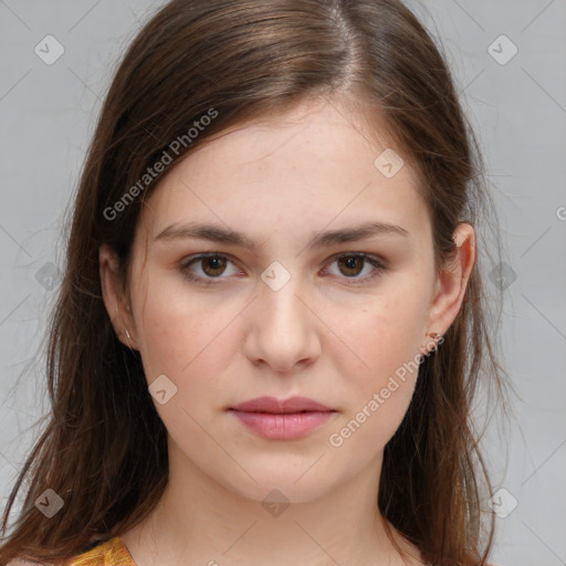 Neutral white young-adult female with medium  brown hair and brown eyes