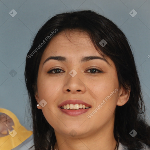 Joyful asian young-adult female with medium  black hair and brown eyes