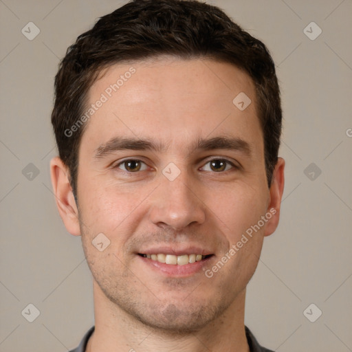 Joyful white young-adult male with short  brown hair and brown eyes