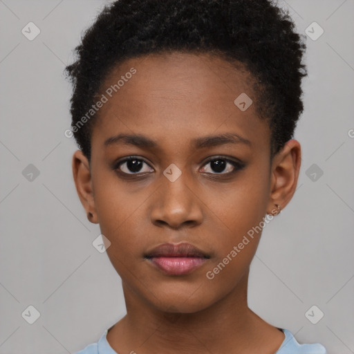 Neutral black young-adult female with short  brown hair and brown eyes