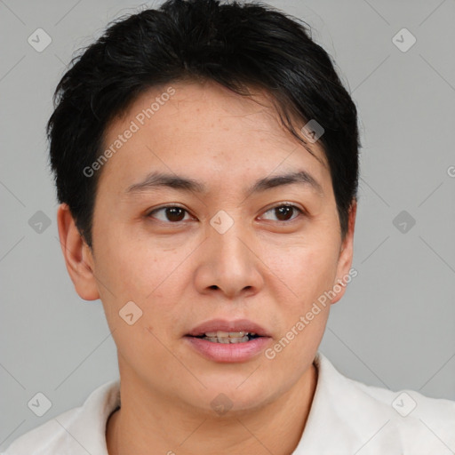 Joyful white young-adult female with short  brown hair and brown eyes