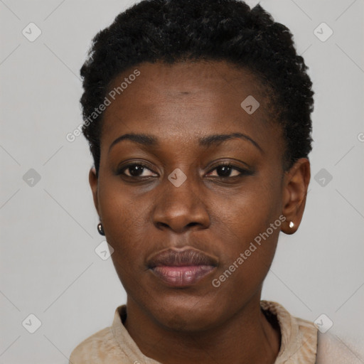 Neutral black young-adult female with short  black hair and brown eyes