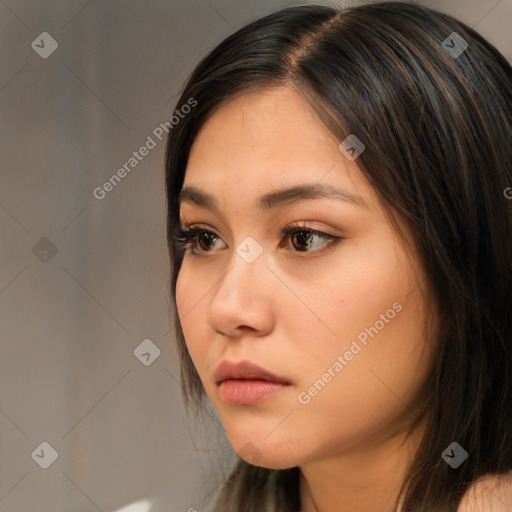 Neutral white young-adult female with long  brown hair and brown eyes