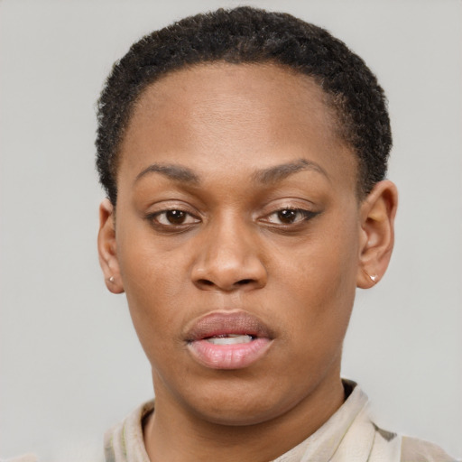Neutral black young-adult female with short  brown hair and brown eyes