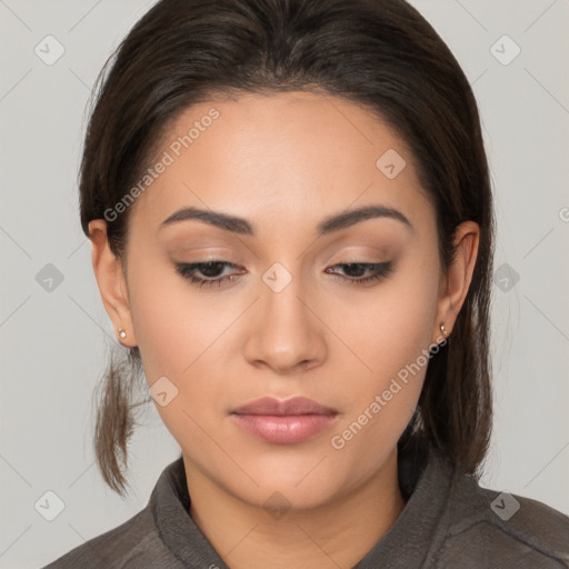 Neutral white young-adult female with medium  brown hair and brown eyes