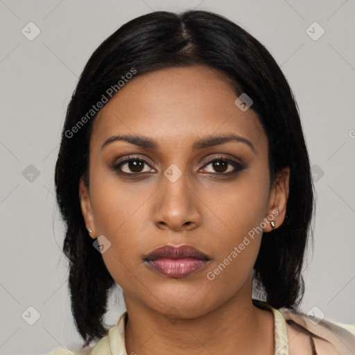 Neutral asian young-adult female with medium  black hair and brown eyes