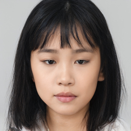 Neutral asian young-adult female with long  brown hair and brown eyes