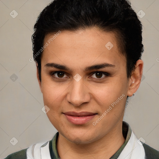 Joyful latino young-adult female with short  brown hair and brown eyes