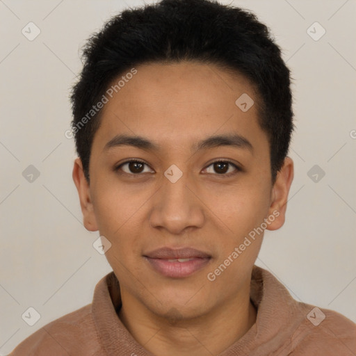 Joyful latino young-adult male with short  black hair and brown eyes