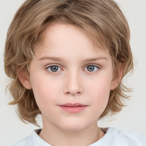 Neutral white child female with medium  brown hair and blue eyes