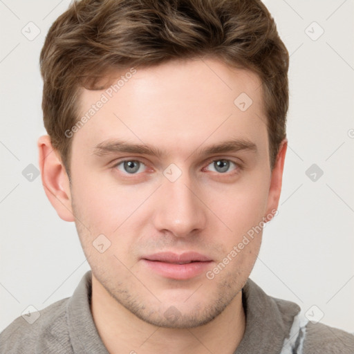 Neutral white young-adult male with short  brown hair and grey eyes