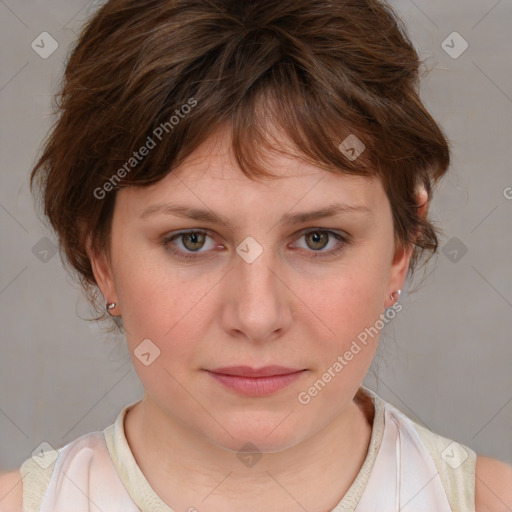 Joyful white young-adult female with medium  brown hair and blue eyes