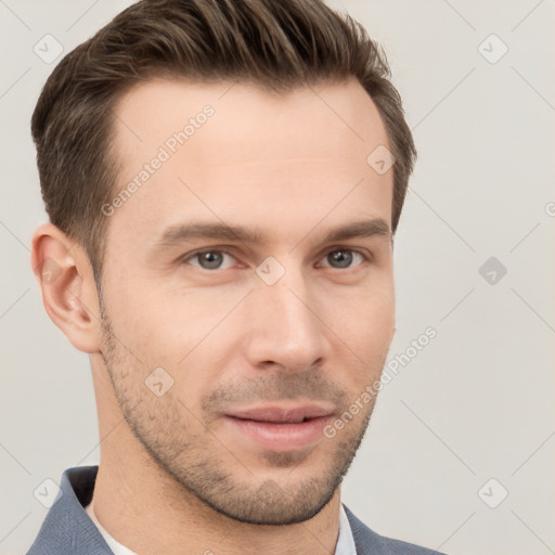 Neutral white young-adult male with short  brown hair and grey eyes