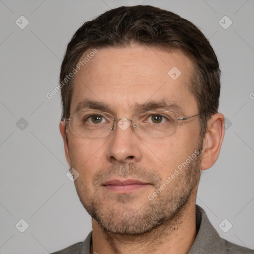 Neutral white adult male with short  brown hair and brown eyes