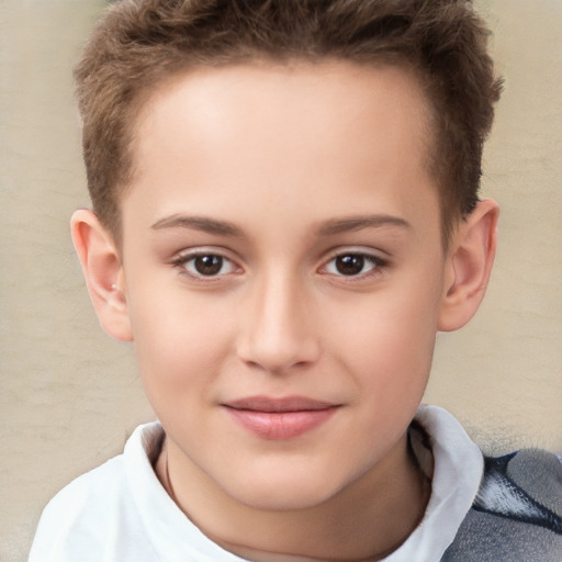 Joyful white child female with short  brown hair and brown eyes