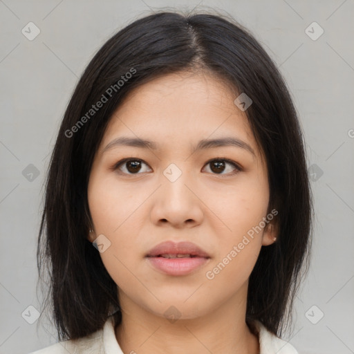 Neutral asian young-adult female with medium  brown hair and brown eyes
