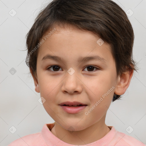 Joyful white child female with short  brown hair and brown eyes