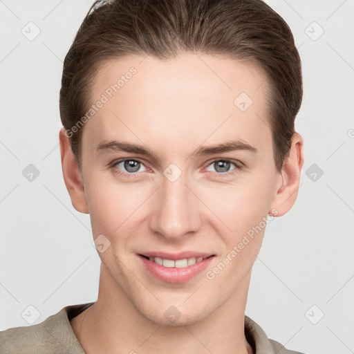 Joyful white young-adult female with short  brown hair and grey eyes