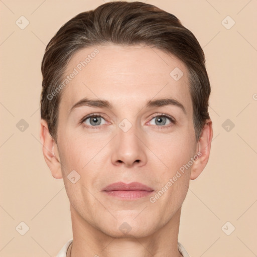 Joyful white young-adult female with short  brown hair and grey eyes