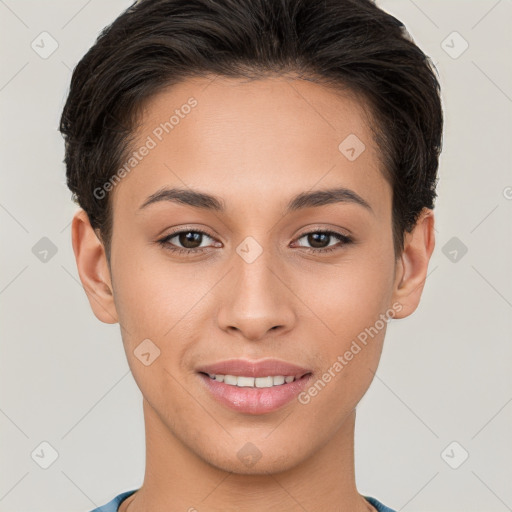 Joyful white young-adult female with short  brown hair and brown eyes