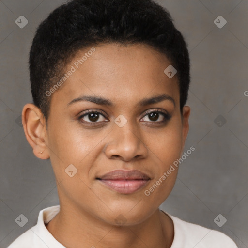 Joyful black young-adult female with short  brown hair and brown eyes