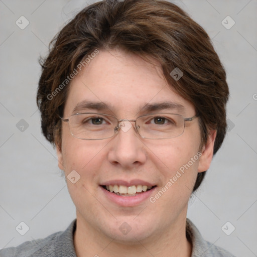 Joyful white adult male with short  brown hair and grey eyes