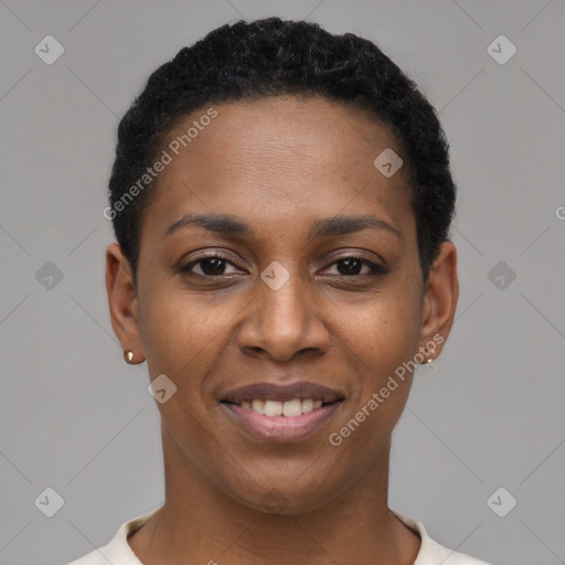 Joyful black young-adult female with short  black hair and brown eyes