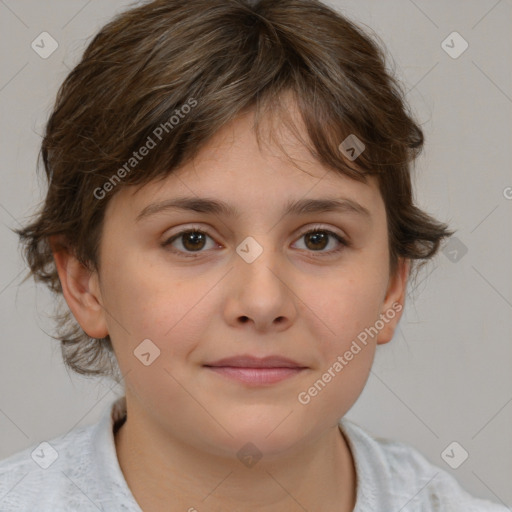 Joyful white child female with medium  brown hair and brown eyes