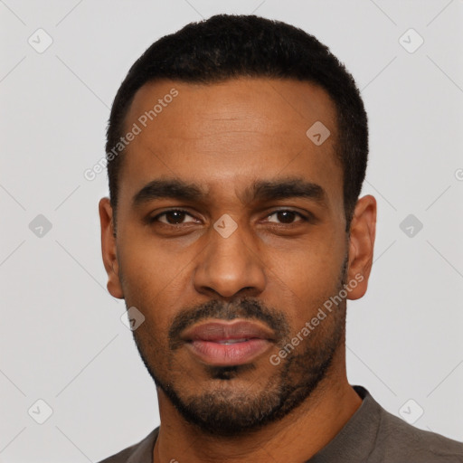 Neutral latino young-adult male with short  black hair and brown eyes