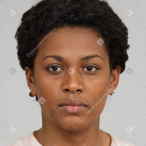 Neutral black young-adult female with short  brown hair and brown eyes