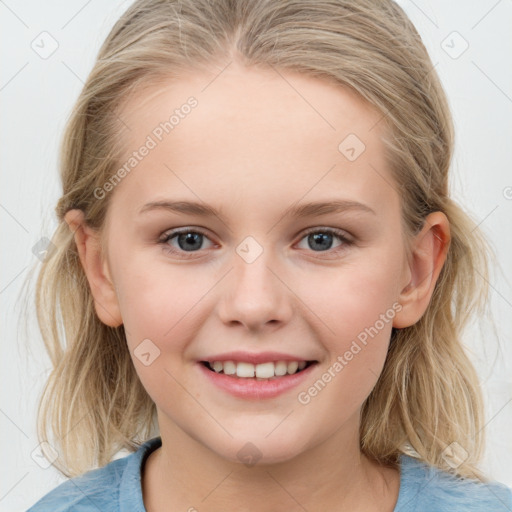 Joyful white child female with medium  brown hair and blue eyes