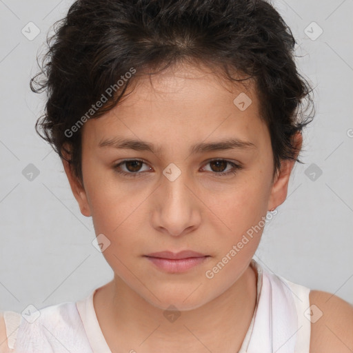 Neutral white young-adult female with short  brown hair and brown eyes