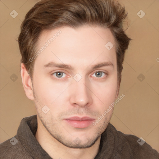 Neutral white young-adult male with short  brown hair and brown eyes