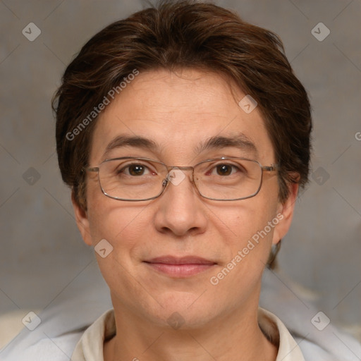 Joyful white adult female with short  brown hair and brown eyes