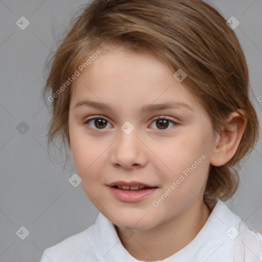 Joyful white child female with medium  brown hair and brown eyes