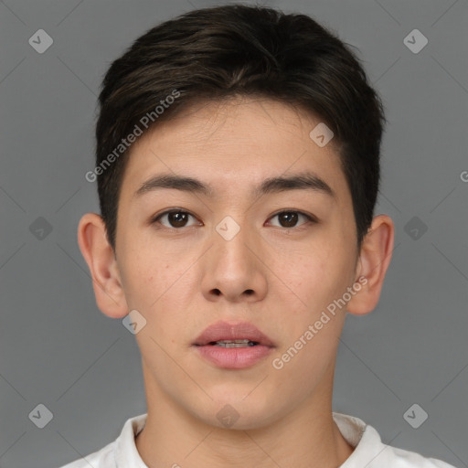 Neutral white young-adult male with short  brown hair and brown eyes